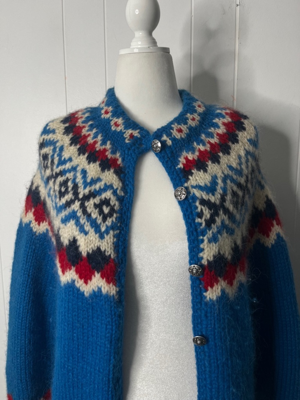 Icelandic 100% Wool Blue Fair Isle Women's Cardigan Sweater Chunky Knit Size L - Picture 2 of 7